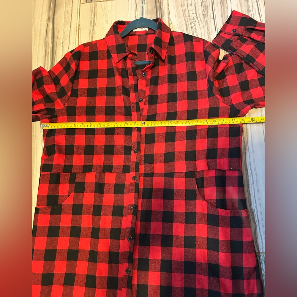 Red and Black Plaid Button-Up Boyfriend Flannel Tunic Length - Picture 12 of 16